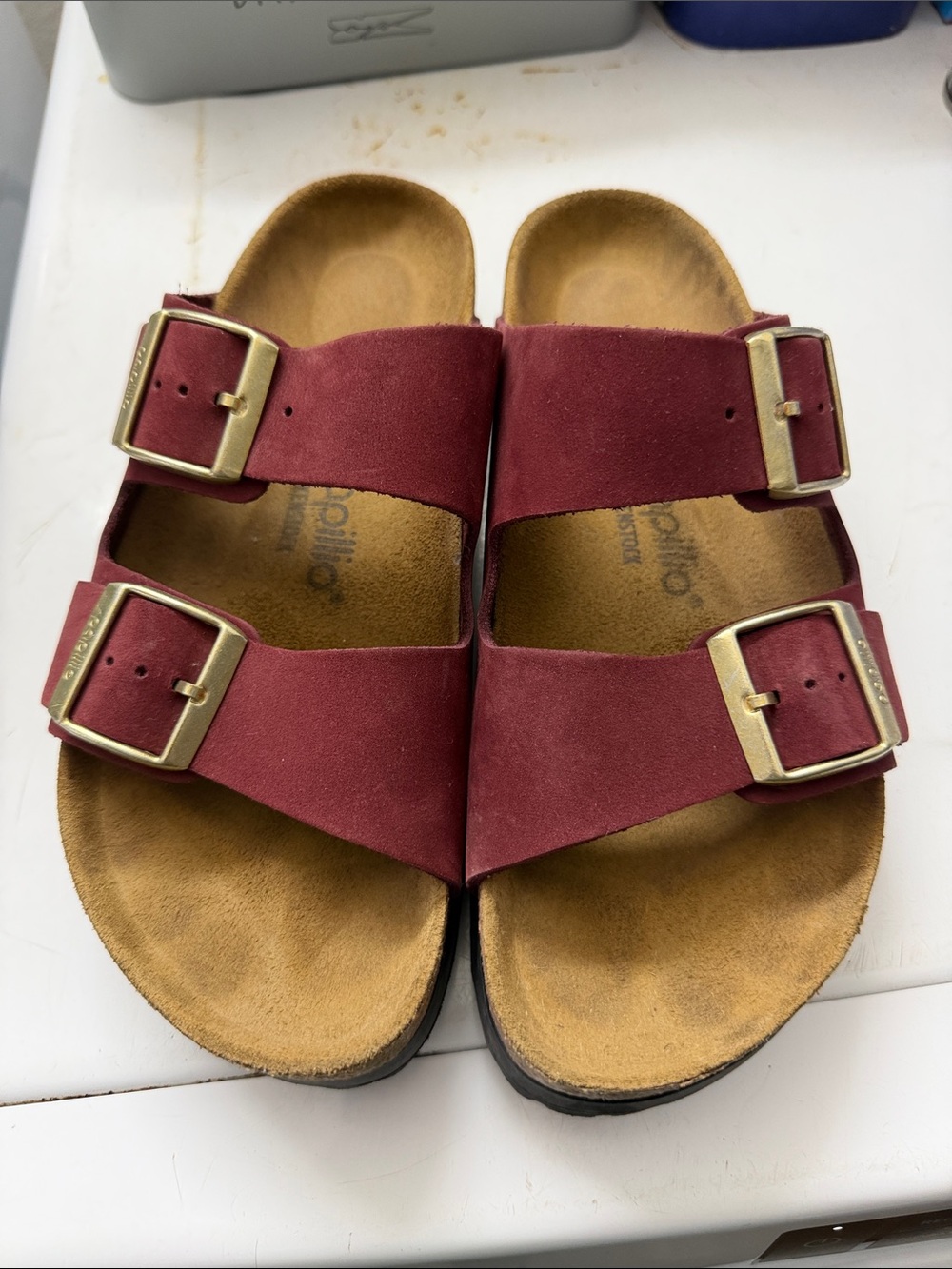Birkenstock Arizona Suede Sandals in Burgundy with Brass Buckles